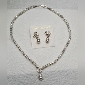 Single Strand 16"Simulated Pearl Necklace**Rhinestone Bow Charm**Earrings